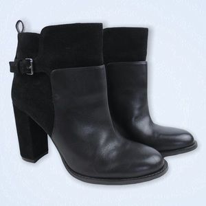 NINE WEST Quinah Leather & Faux Suede Ankle Boot w/ Buckle & Chunky Heel